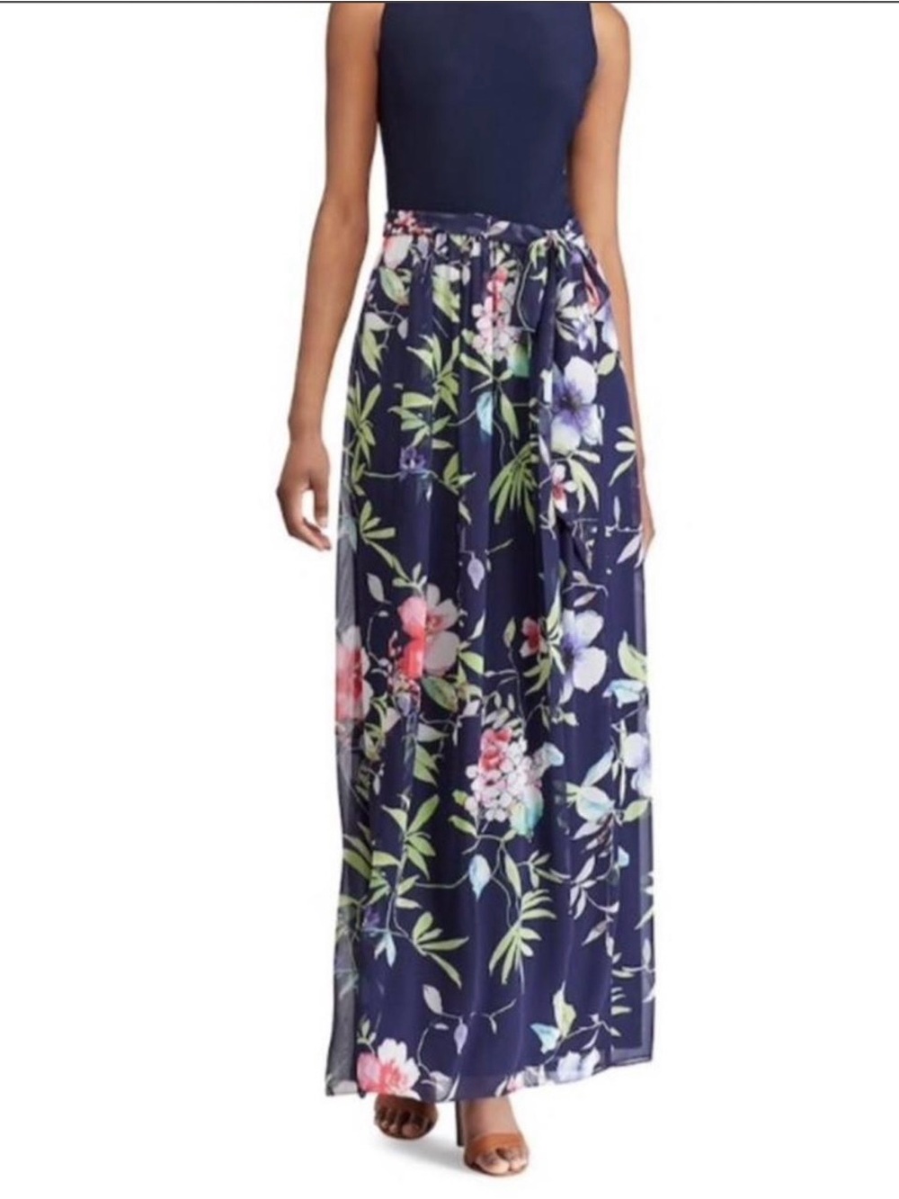 Chaps navy blue floral sleeveless maxi dress with a belted waist size 16